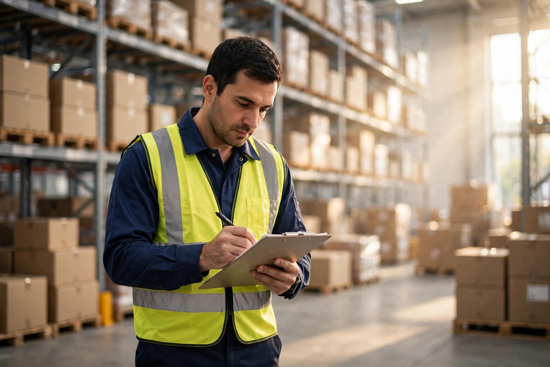Worker in a warehouse checking boxes for international shipping and logistics solutions.
