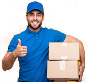 Man in blue uniform holding boxes, representing international shipping and logistics solutions.