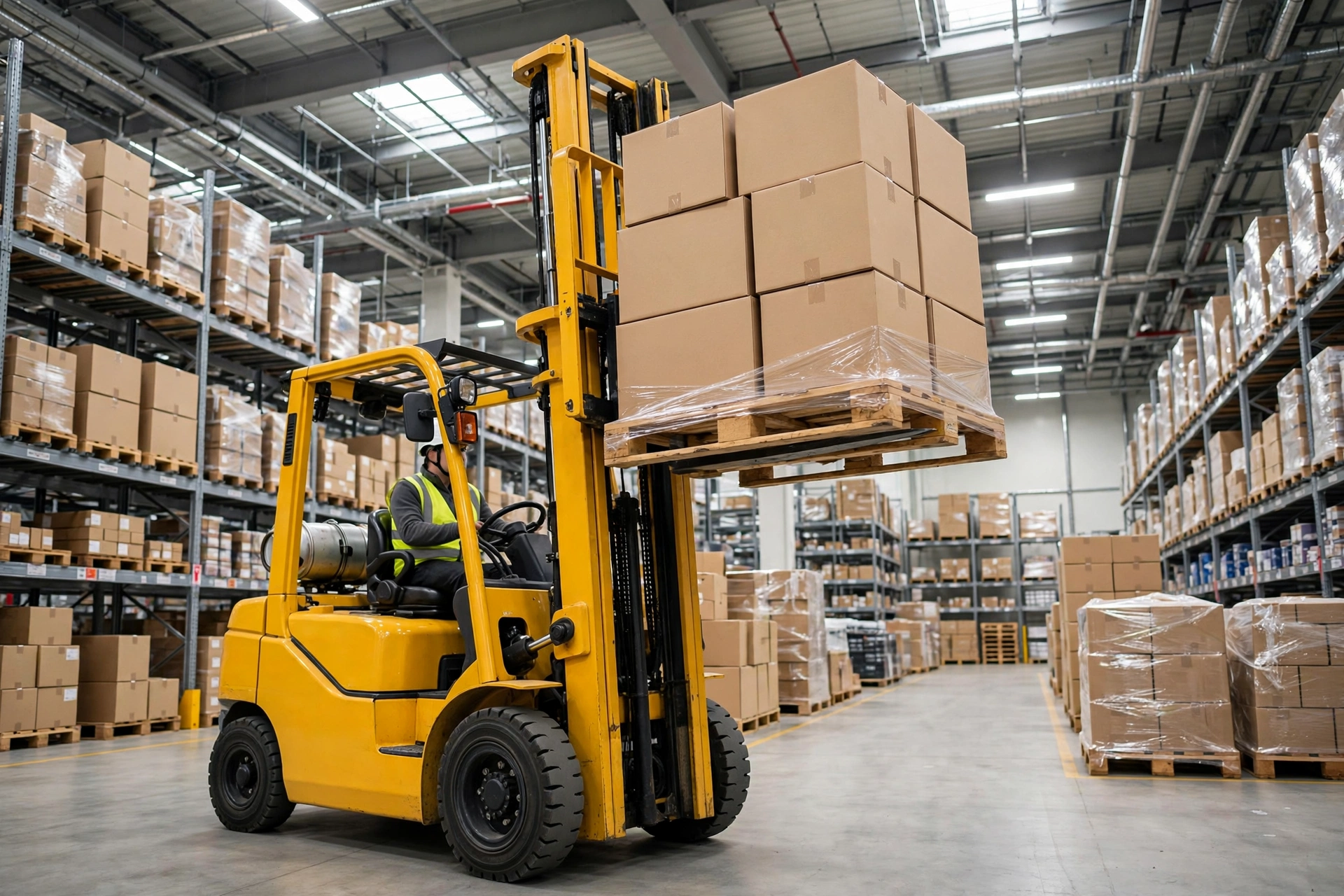 Yellow forklift for efficient freight services and global logistics solutions.