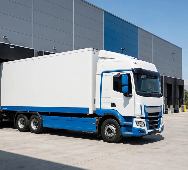Trucking Freight 7 Tractor trailer truck with signage parked outside warehouse