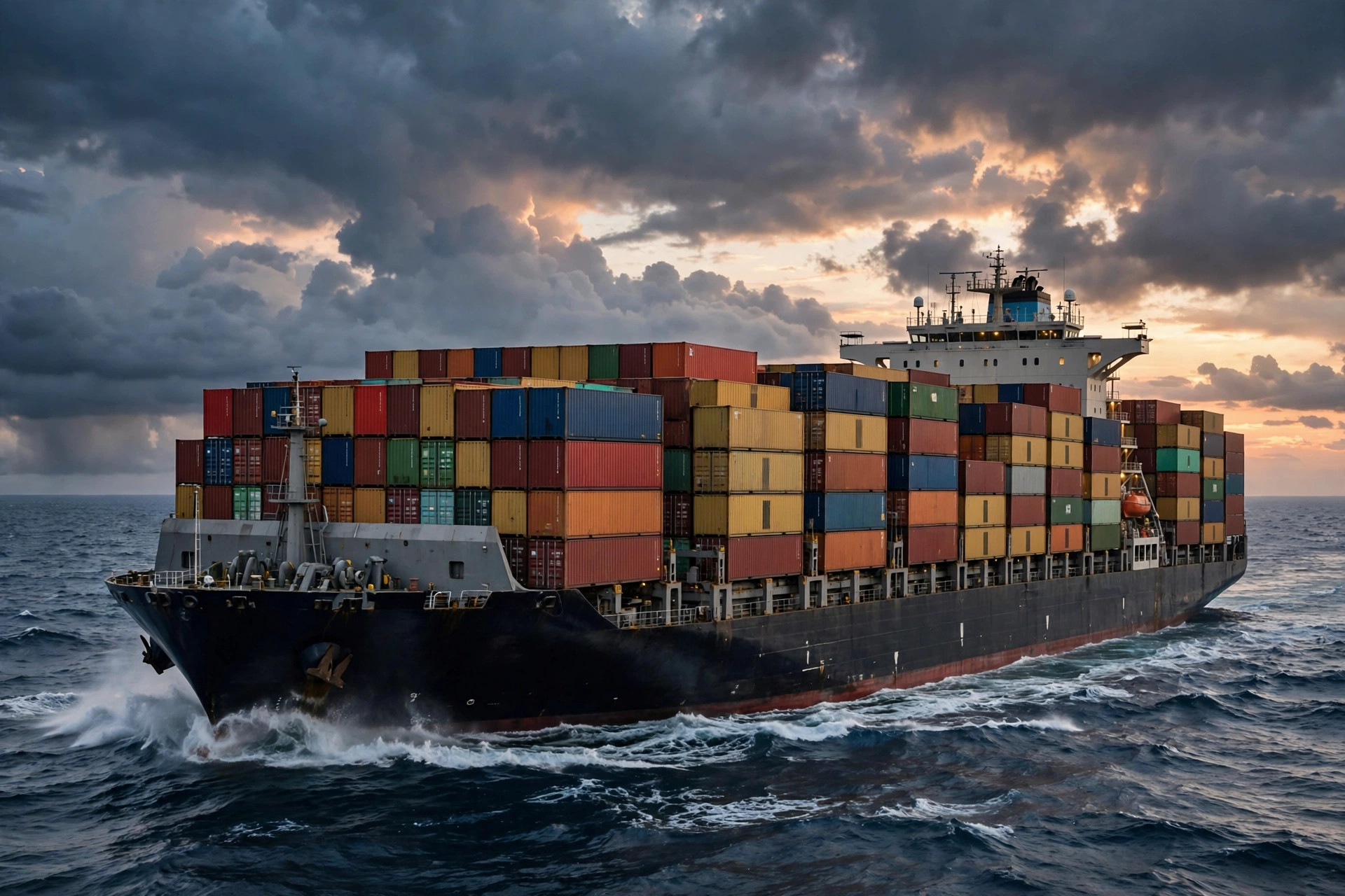 Ocean Container sailing at dusk with containers on deck